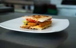 Crispy fish fillet sandwich with fresh vegetables on a white plate.
